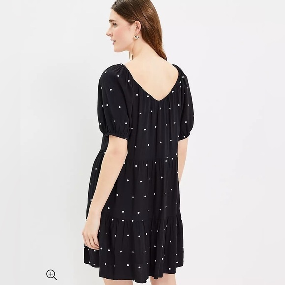 LOFT Puff Sleeve Embroidered Polka Dot Tiered Swing Dress Size Medium - Picture 2 of 10
